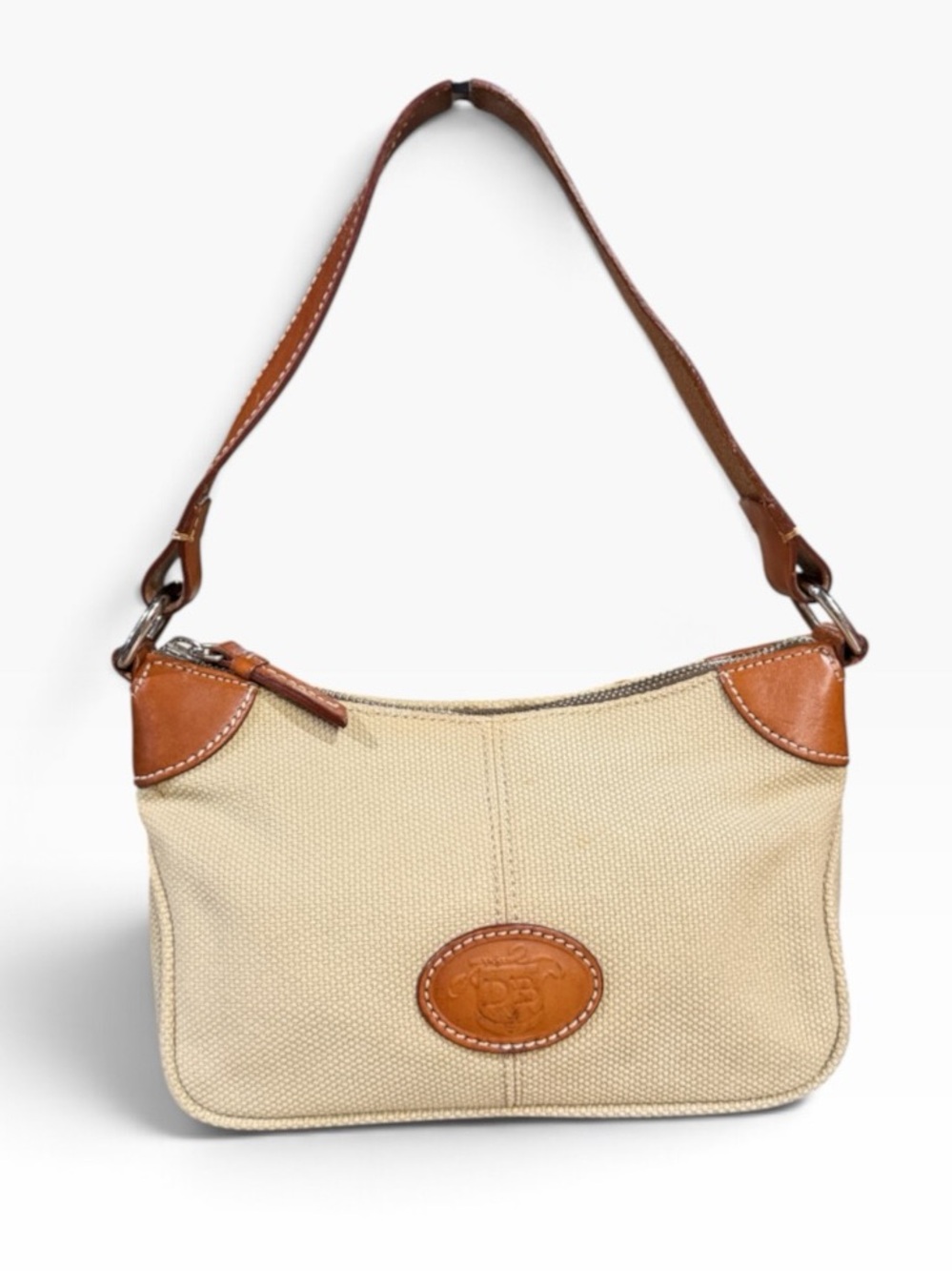 Dooney & Bourke Vintage Beige Canvas & Tan Leather Small Shoulder Bag Pouchette